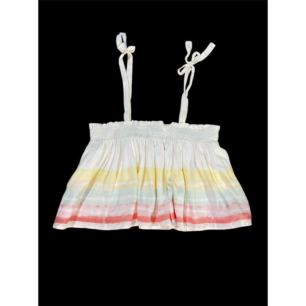 Pink Lily Smocked Tie Shoulder Top Pastel Rainbow Watercolor Stripe Crop Boho M